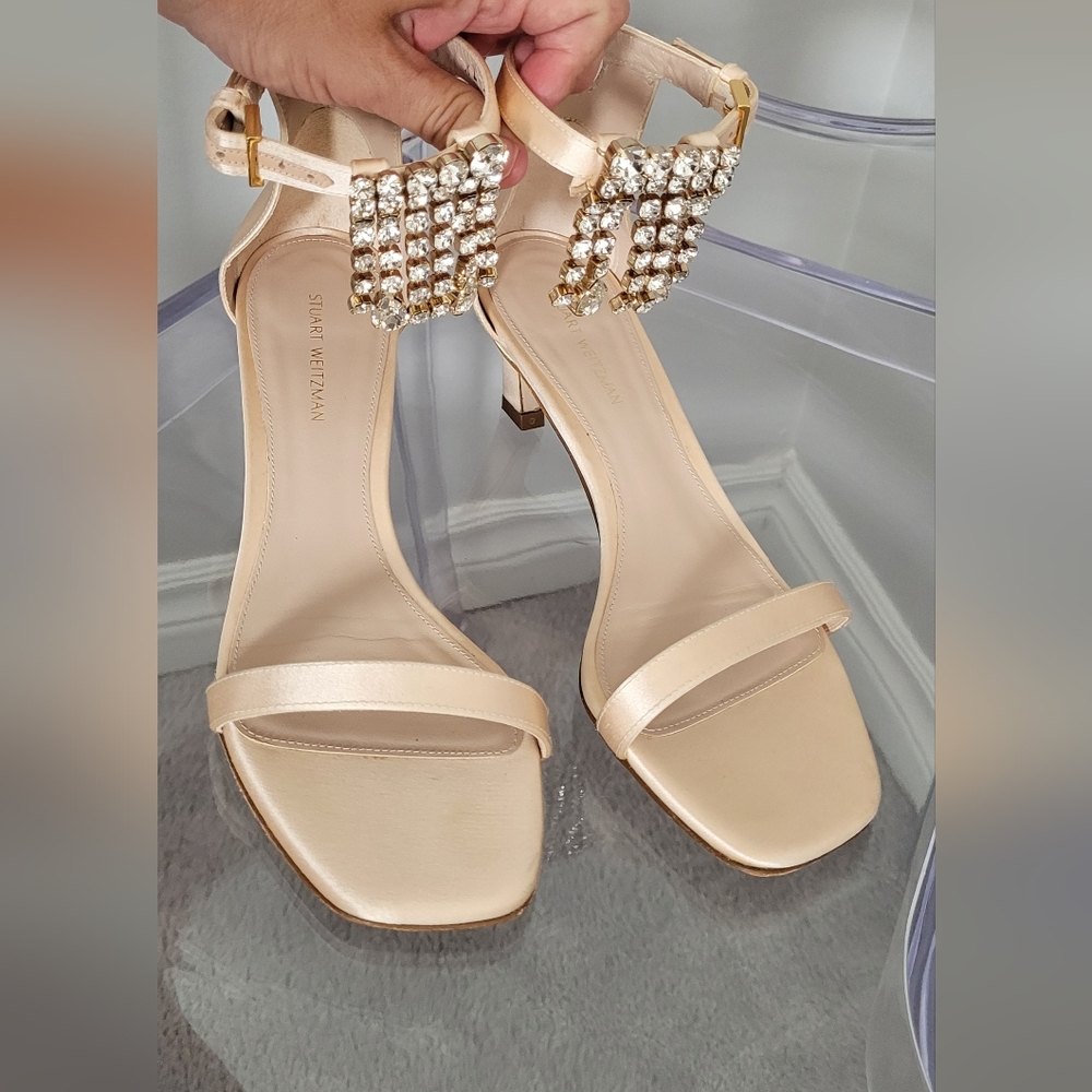 Stuart Weitzman square Nudist Sandals Blush Satin Crystal 45mm Sz 6